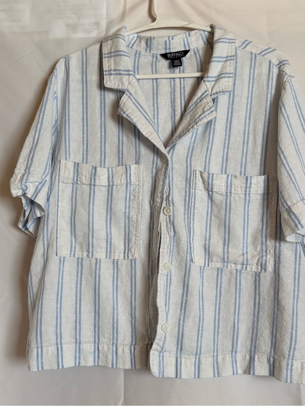 Buffalo Blue White Stripe Linen Blend Button-Down Shirt Large